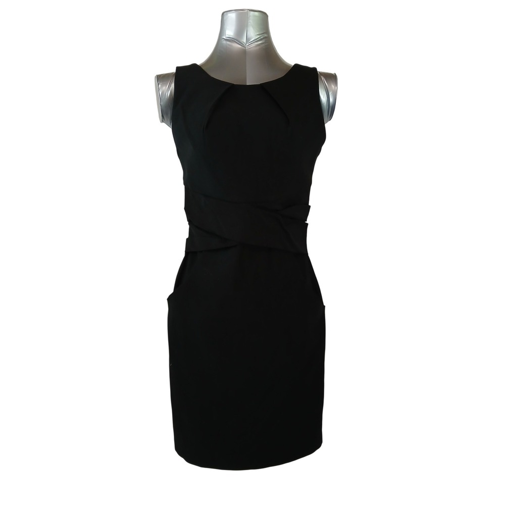 Vintage Y2K Me Black Sleeveless Pleated Sheath Dress Pockets Office Siren LBD